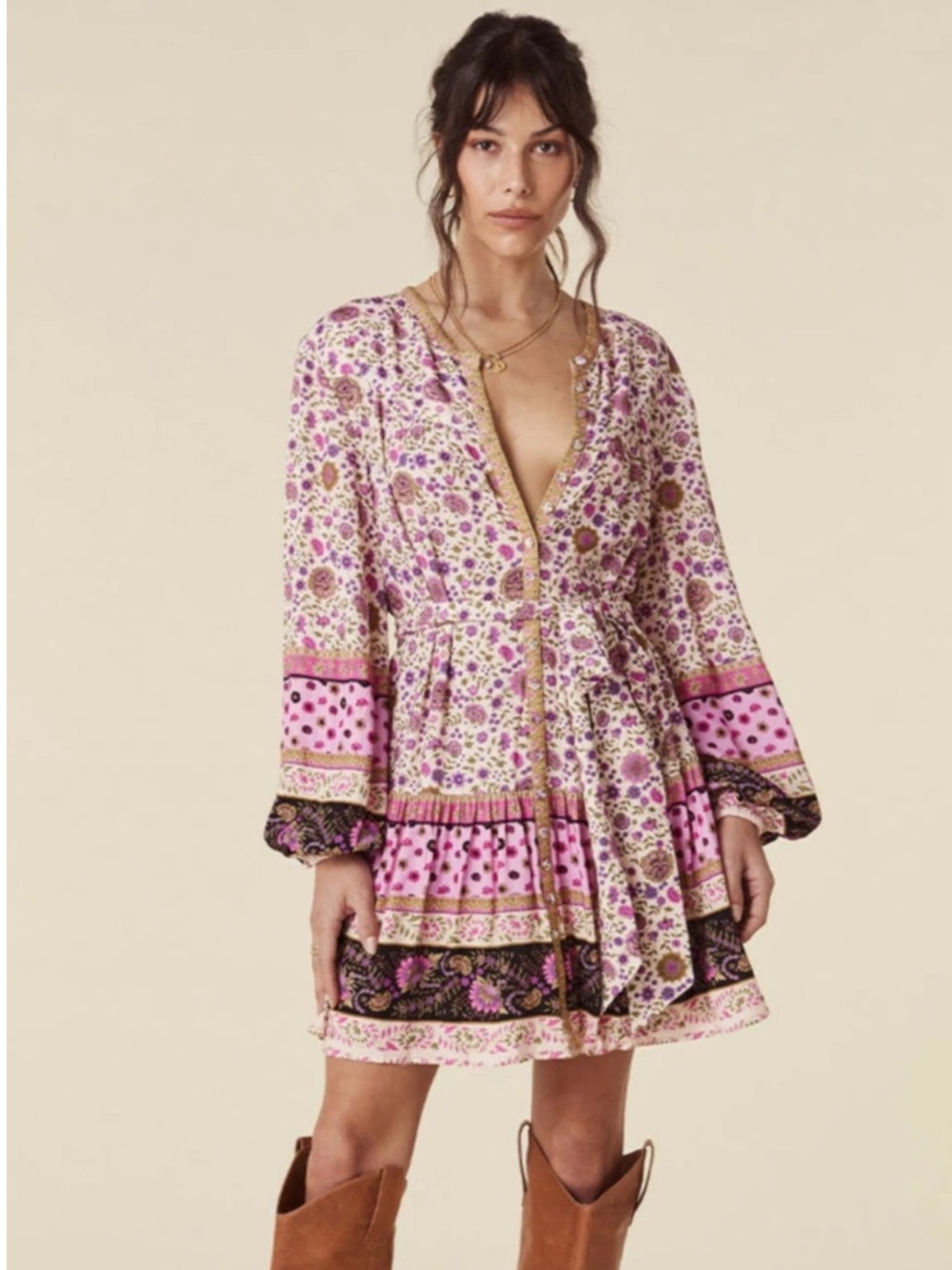 Spell & The Gypsy Lady Untamed Long Sleeve Tie Waist Tunic Mini Dress